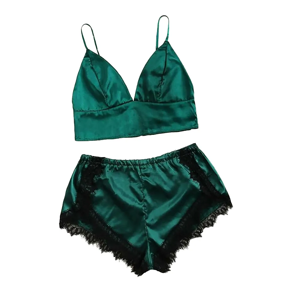 2019 Women's Sexy lingerie Bra Set Women Satin Lace Trim Shorts Sleepwear Backless Pajamas Dropship FDropship FD | Женская одежда