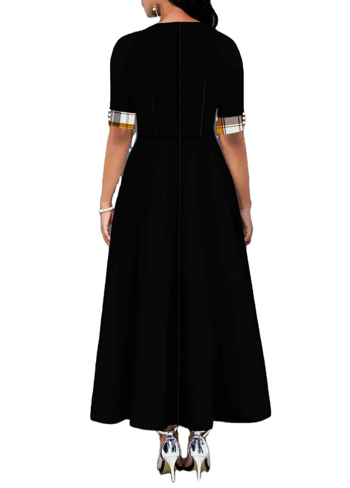 

Round neck contrast medium sleeve irregular long dress