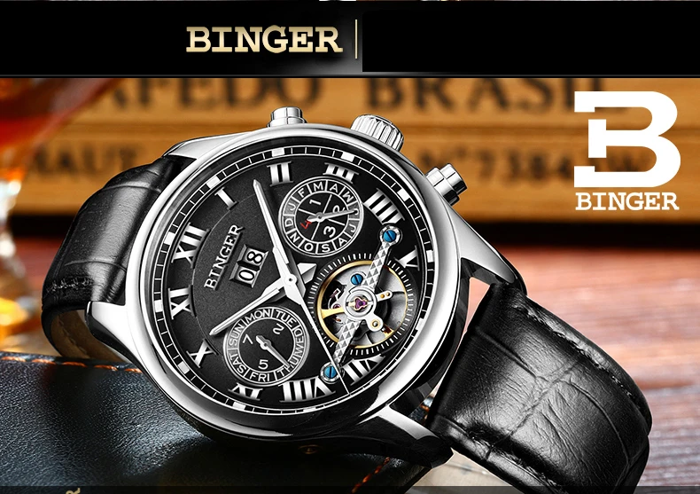 Швейцарские Бингер мужские часы люксовый бренд Tourbillon сапфир светящиеся несколько функций механические наручные часы B8602-7
