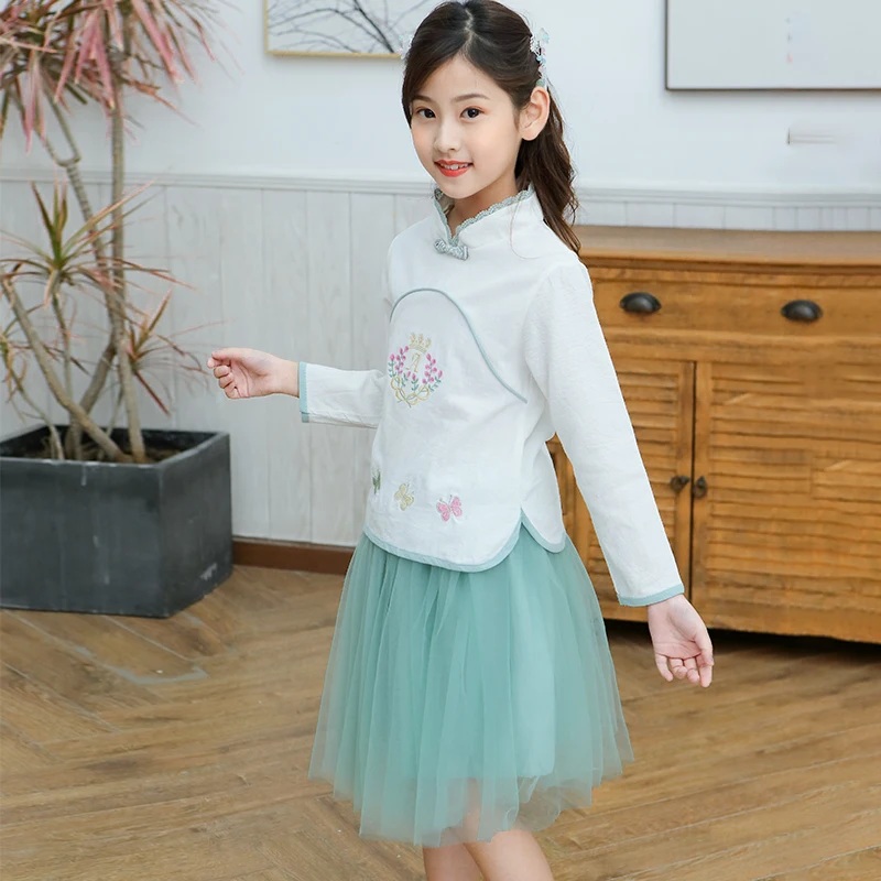 

Kids Traditional Hanfu Dress Chinese Dance Costume Featival Wear Folk Embroidery Top Gauze Skirts 2 Piece Set for Baby Boy Girls