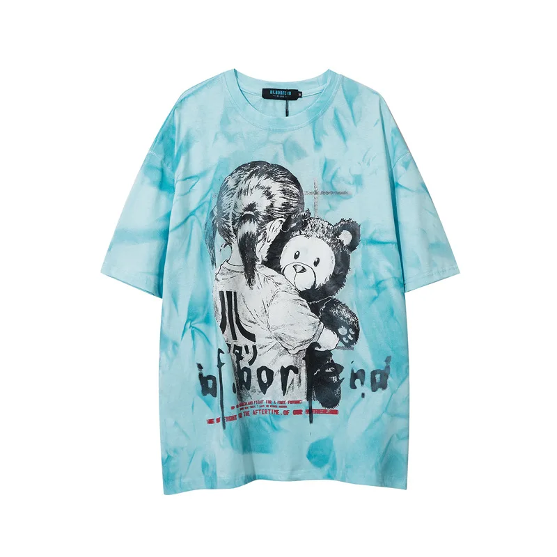 

Hip Hop Streetwear Men and Women Fashion Tie Dye Tees Gradient Color Bear Print Short Sleeve T-shirts Oversized Couples Tshirts