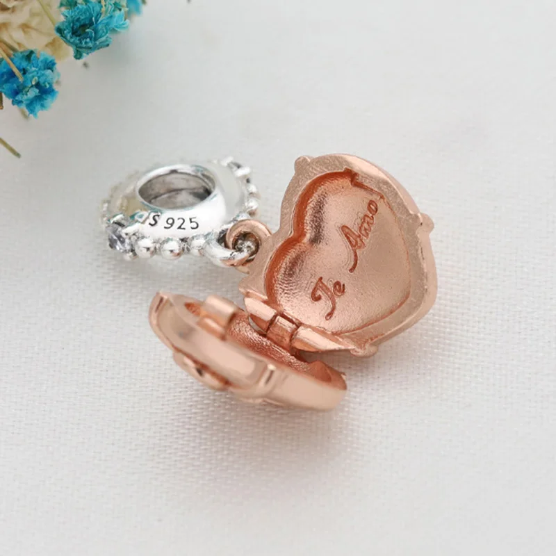 

Original 925 Sterling Silver Charm Rose Gold Heart Shape Openable Pendant Fit Pandora Women Bracelet & Necklace Diy Jewelry