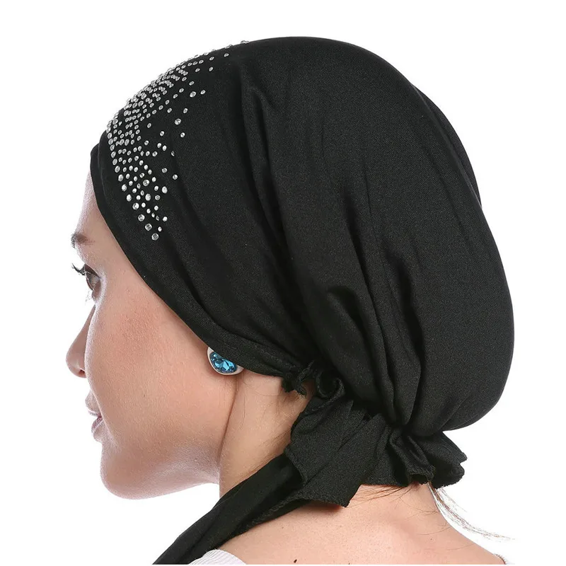 

2019 Fashion Muslim Headscarf Hat Thin Summer Women Inner Hijab Bonnet Solid Diamond Turban Caps India Head Wrap Hats For Lady