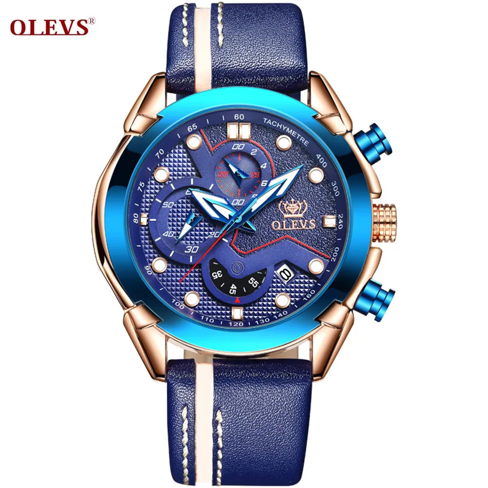 Мужские водонепроницаемые спортивные часы с большим циферблатом и кожаным