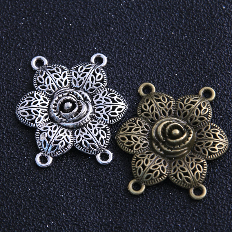 4pcs 32*35mm Retro Two Color Zinc Alloy Hollow Flower Pendants Connectors Linker For DIY Charm Jewelry Accessorie|Ювелирная