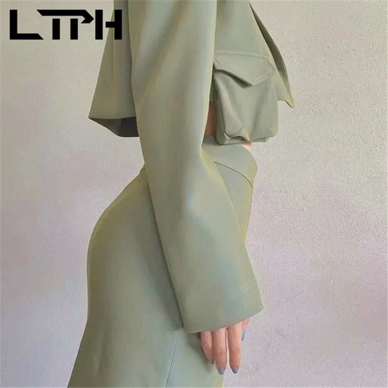LTPH Casual trajes de falda de dos piezas de las mujeres ningún botón chaqueta bolsillos chaqueta de cintura alta con cremallera faldas trajes 2021 novedad de verano