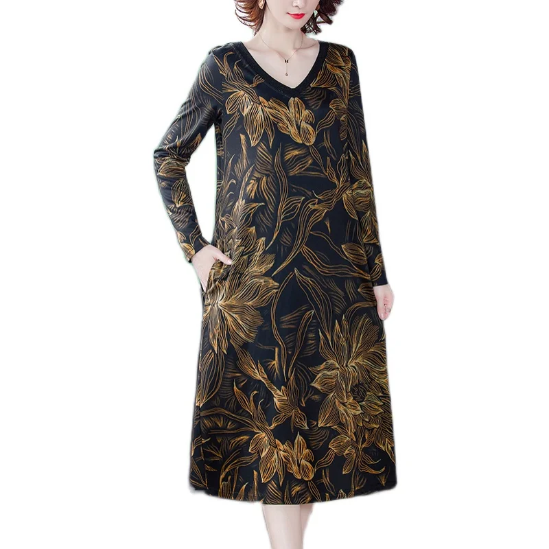 

New autumn high-end V-neck long-sleeved dress female temperament printed pullover loose long dress comfortable