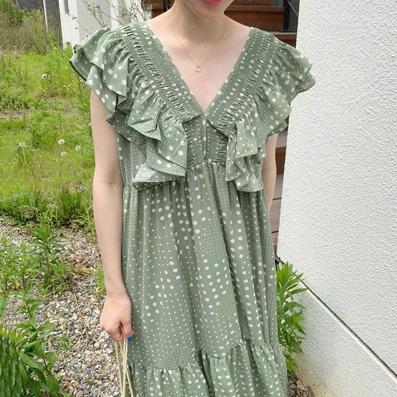 

One-Piece Korea Chic Dress 2020 Summer Retro V-Neck Stitching Ruffled Loose Dress Ruffled Sleeves Polka Dot Dress Long Dresses