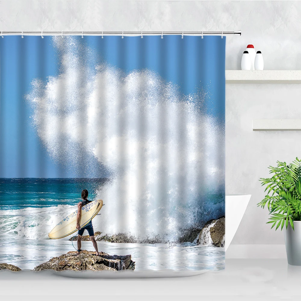 seaside scenery waterproof shower curtains surfboard car ocean wave tropical plant printed cloth bath decor bathroom curtain set free global shipping