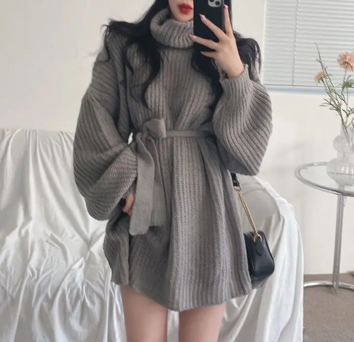 

SuperAen Solid Casual Full Turtleneck Loose Sweater Dresses with Belts Autumn 2021