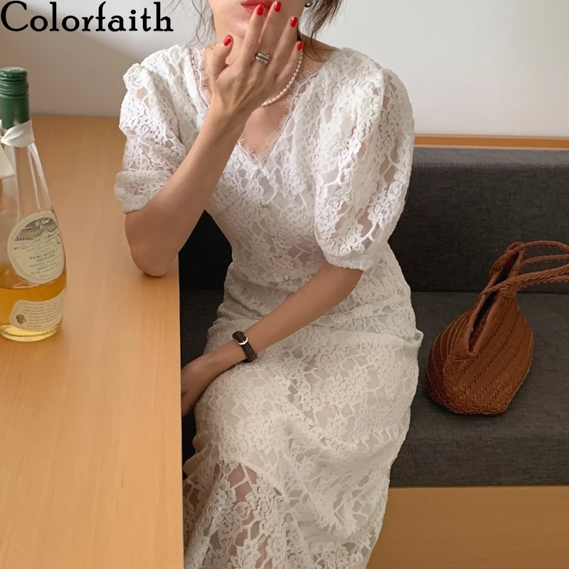 

Colorfaith Новинка 2022, высокая талия, v-образный вырез, шикарные корейские модные кружевные сексуальные элегантные винтажные женские весенние ле...