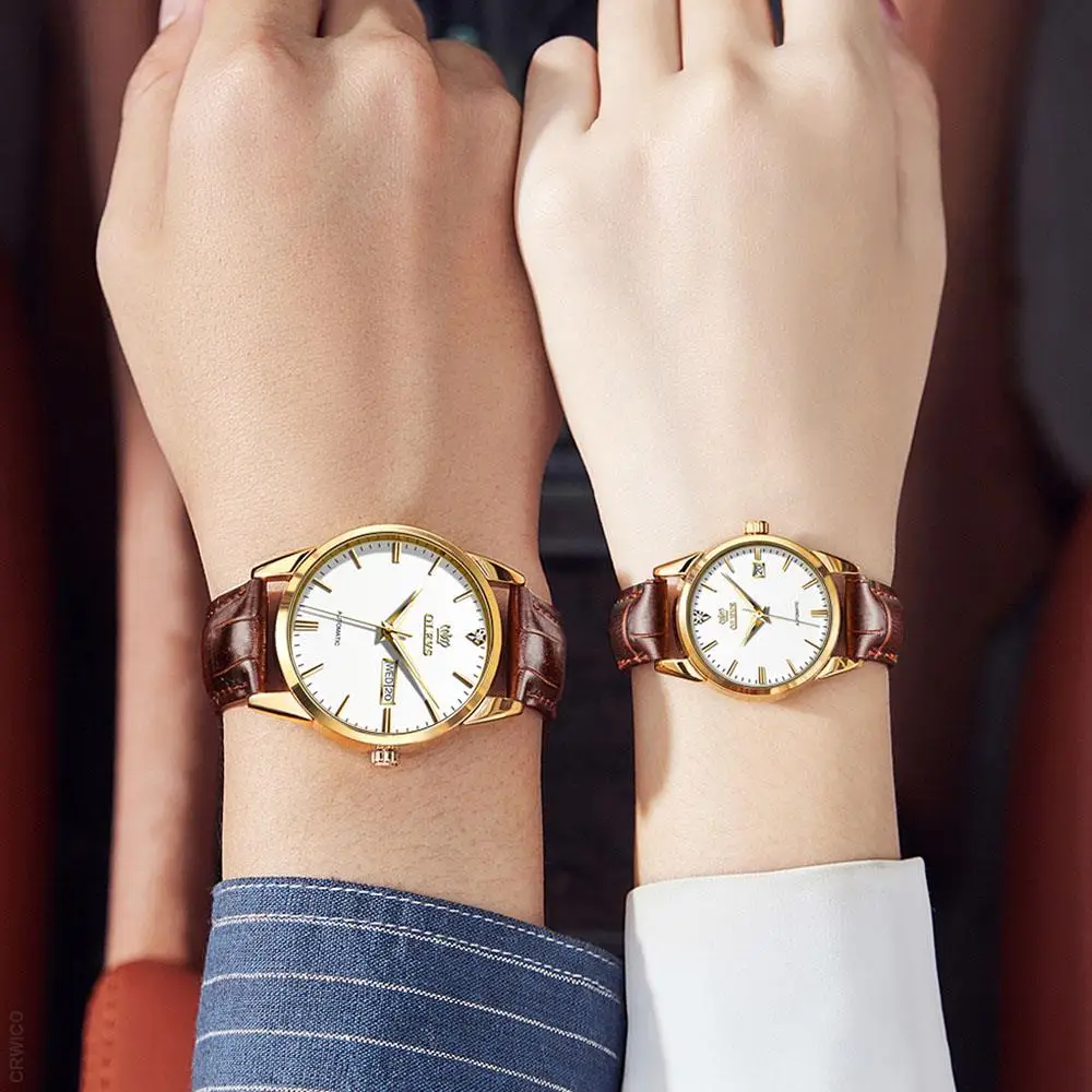 OLEVS Couple Automatic Mechanical Watch for Men Women Pair Matching His & Hers Watches Wristwatch Date Valentine's Gifts Set