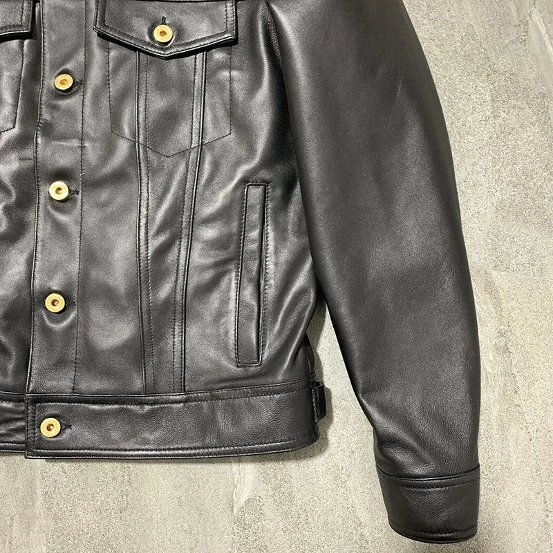 

Single Autumn Vintage Mens Breasted Genuine Leather Cargo Jacket Thick Padded Biker Sheepskin Coat Work Casual Harajuku Jackets