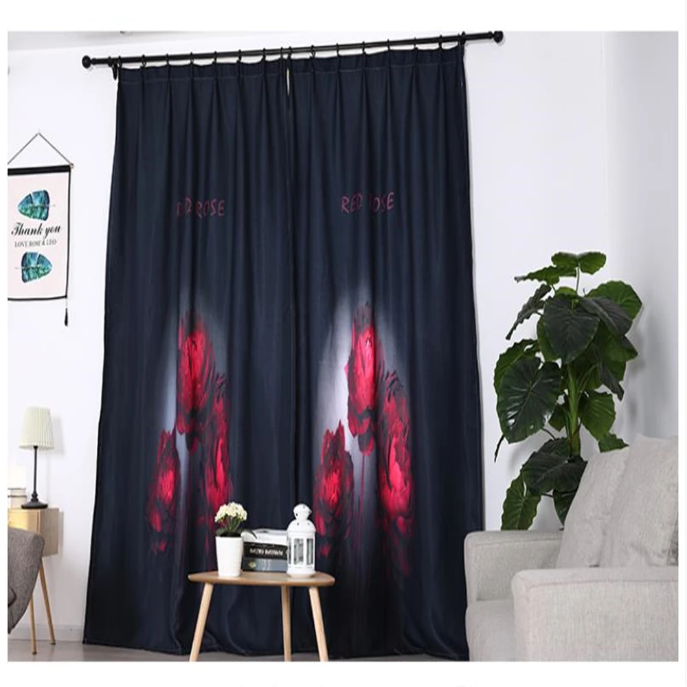 black curtains red rose curtain New simple and modern bedroom living room finished shading |
