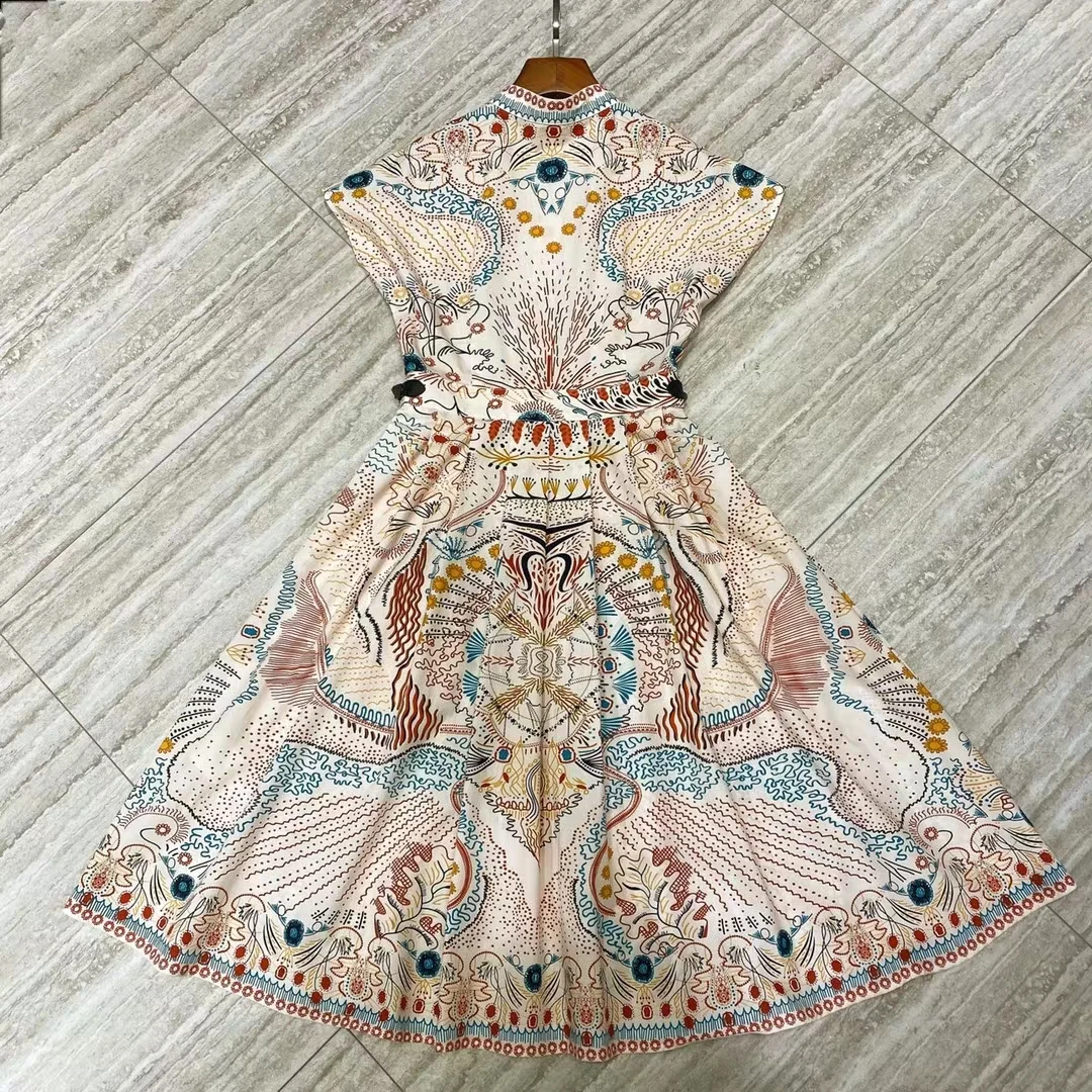 

Women printed cotton dress fashion summer 2021 designer short sleeve office lady elegant midi dresses wedding party vestidos