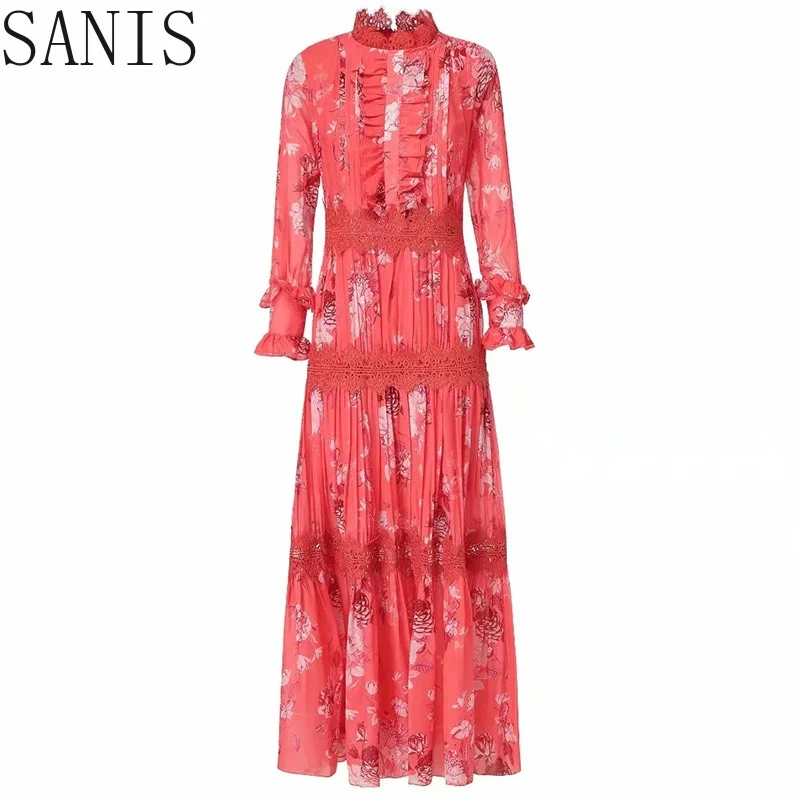 

Sanis 2021 Spring Runway Elegant Party Dress Women Lace Patchwork Full Sleeve Vintage Floral Print Long Holiday Dress