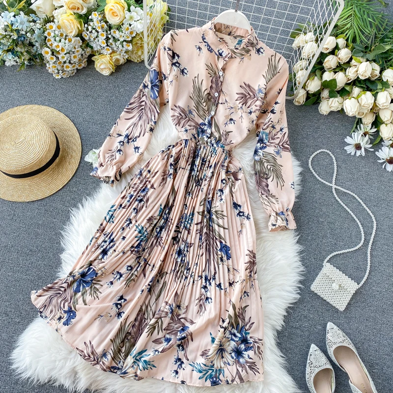 

Spring Autumn Lady Elegant Holiday Dress 2020 Korea Fashion Women Casual Flare Stand Puff Sleeve Empire A-Line Dress G984