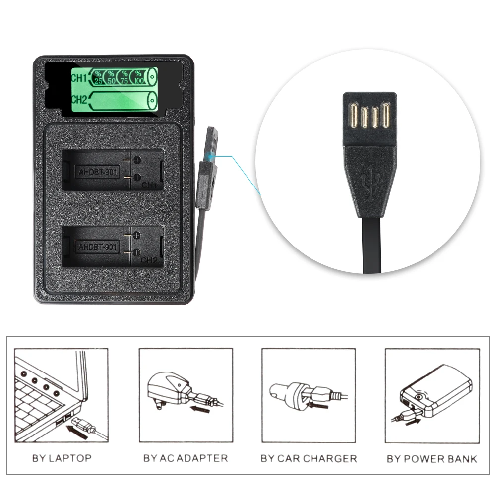 Для GoPro Hero 9 черный двойной канал зарядное устройство ЖК-дисплей Micro USB/Type C
