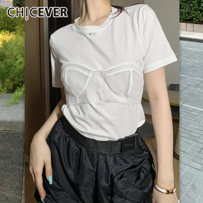 

CHICEVER белые топы для женщин с круглым вырезом и коротким рукавом Свободные трикотажные однотонные повседневные футболки женские 2021 летняя м...