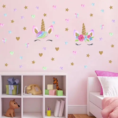 Сказочная мультяшная Наклейка на стену с единорогом и звездами художественные