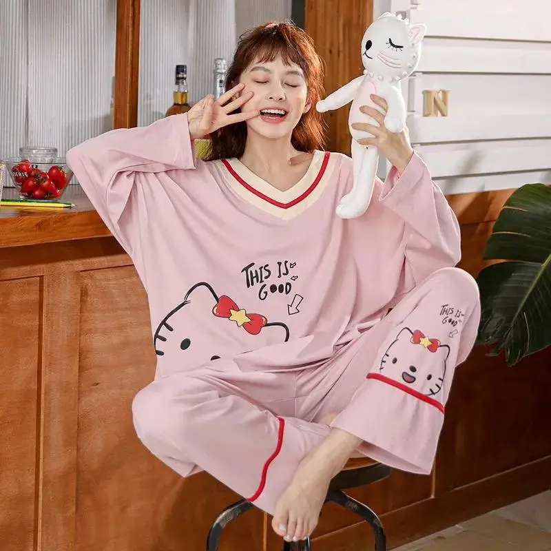 

Women Homewear Pure Cotton Autumn and Spring Thin Pajamas Cartoon Printing Loose Large Size Casual Cute Cotton Women Pajamas Se