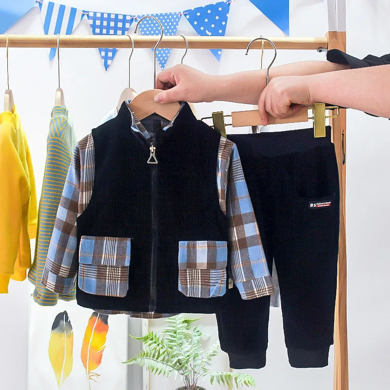 

2021 Spring New Suit Baby and Children's Leisure Suit Vest and Check Shirt 3-piece Set