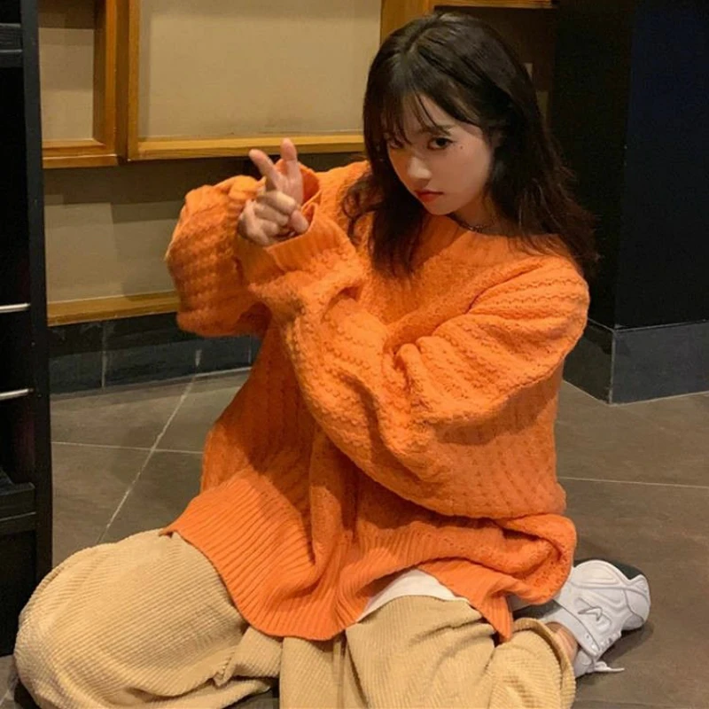 

Sweater Pullovers Women Solid Oversize New Autumn Korean Style Soft Knitting O-neck Leisure Womens Daily High Quality Loose Chic