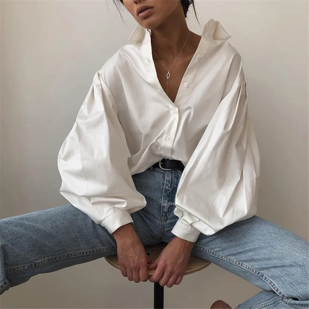 Spring Women Fashion Loose Blouses Lapel Neck Lantern Long Sleeve Single-Breasted Shirts White Tops 2021 Female Clothing