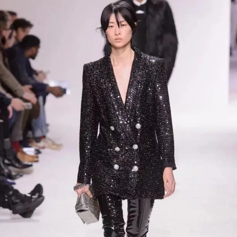 Женский пикантный Блейзер элегантный длинный черный блейзер с блестками и