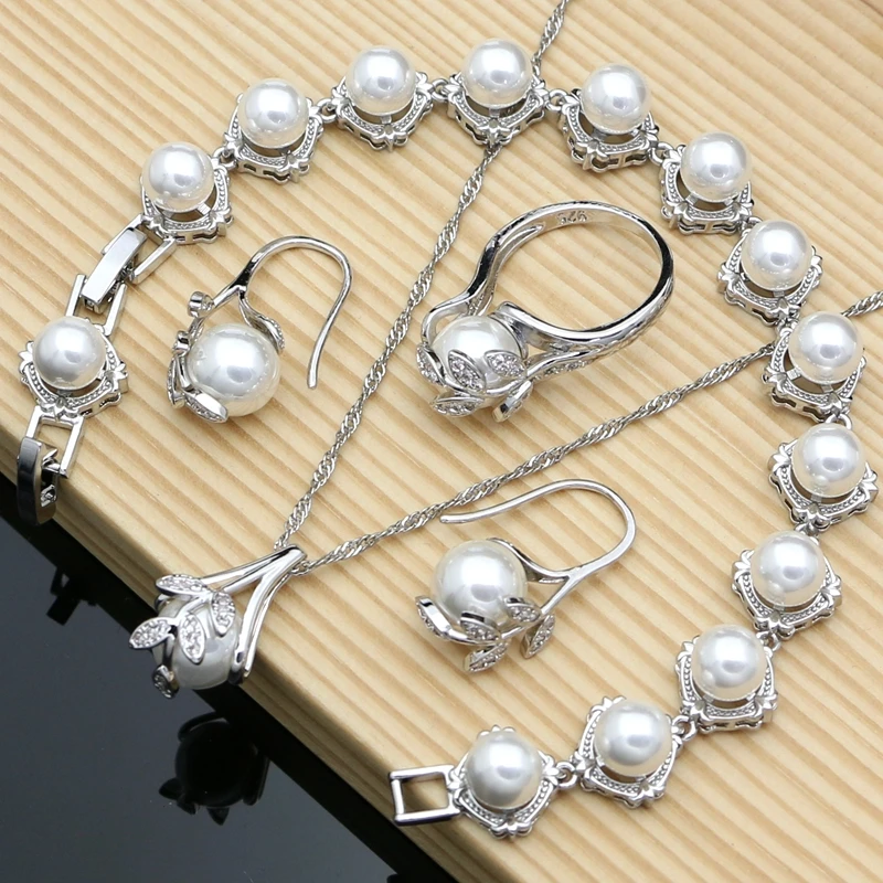 Bride Pearl Silver 925 Jewelry Sets Wedding Charm Topaz Birthstone Beads Bracelet Open Ring Necklaces Earrings Fashion Love Gift