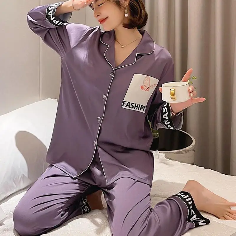 

Ice Silk Satin Pajamas Women Sexy Sleepwear Long Sleeve 2PCS Pyjamas Pour Femme Home Clothing Printed Letter Sleep Set Nightwear