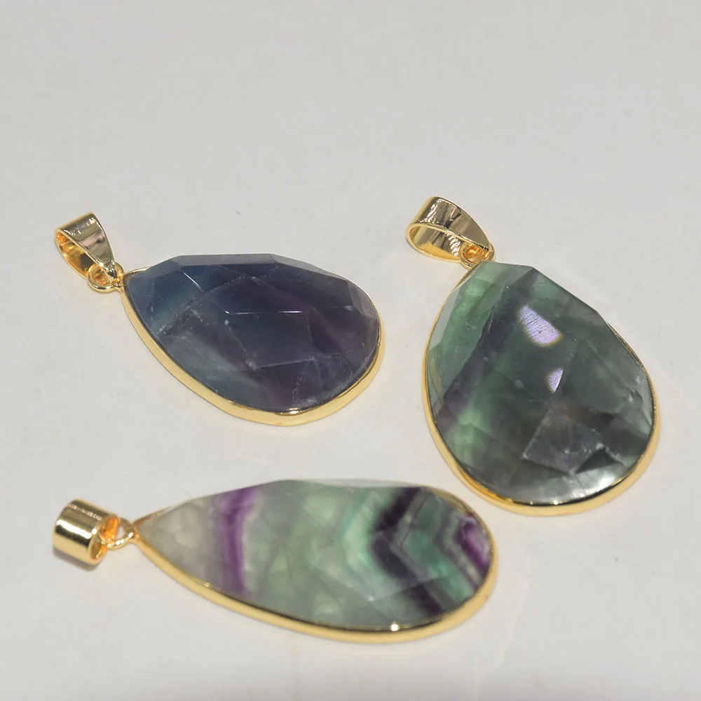 

Natural fluorite quartz stone pendant jewelry making women 2020 gold bezel large rainbow water drop green gem gem stone cut face