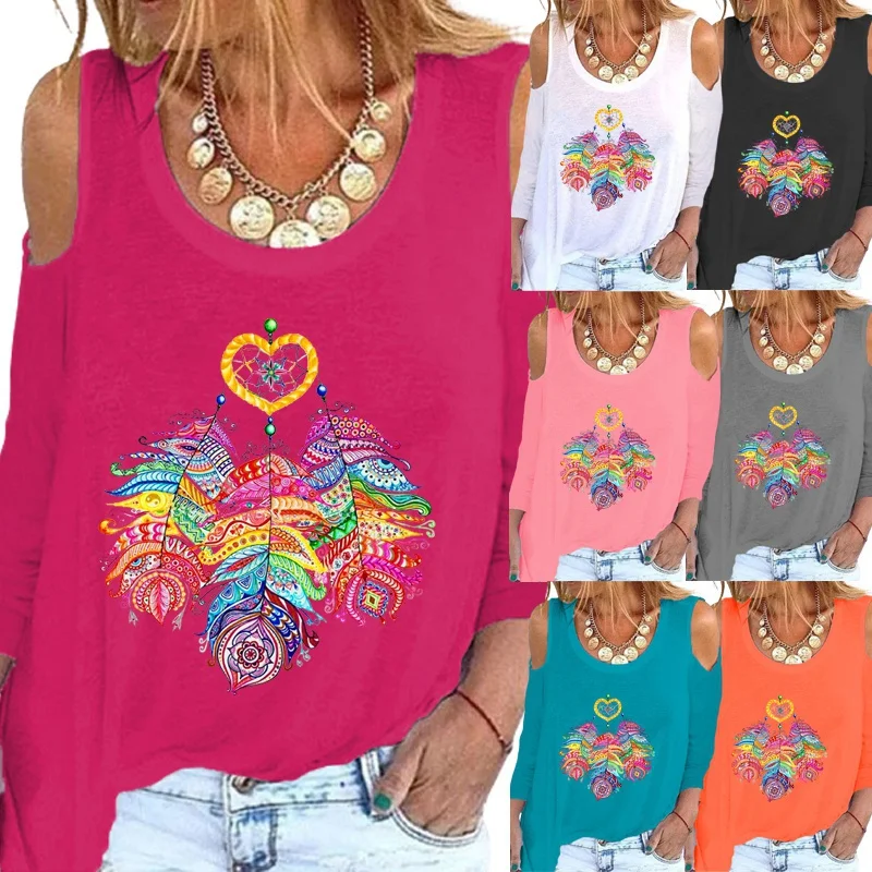 

Women Fashion Loose Long Sleeved Round Neck Printed T-shirt Spring and Autumn Casual Off Shoulder Printed Ladies Tops Blouses