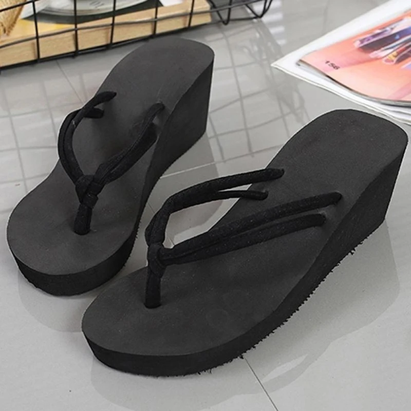 

Woman Slippers Solid Color Non-Slip Feet Flip-Flops High-Heeled Wedges Beach Sandals Shoes Woman Sloffen Dames