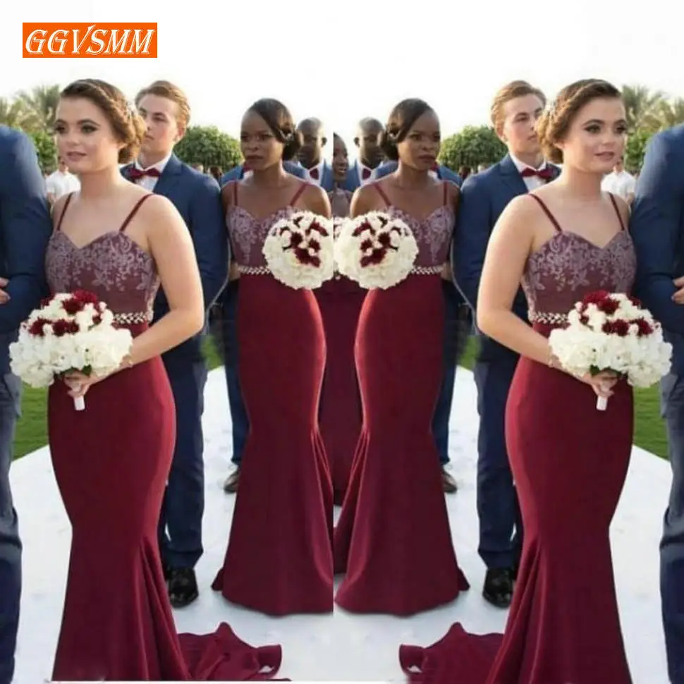 

Stylish Burgundy Long Bridesmaid Dresses Lace Applique Beaded Waist Mermaid Bridesmaids Gowns Maid Of Honor Wedding Guest Dress