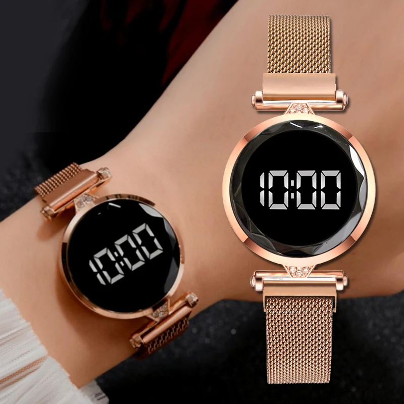 

Luxus Digitale Magnet Uhren Frauen Rose Gold Edelstahl Kleid LED Quarz Uhr Weibliche Uhr Relogio Feminino Drop Schiff