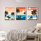 Ретро курорт закат Пальма пляж Серфер девушка и собака плакат летний влюбленный пляж настенное искусство Триптих художник декор гостиной