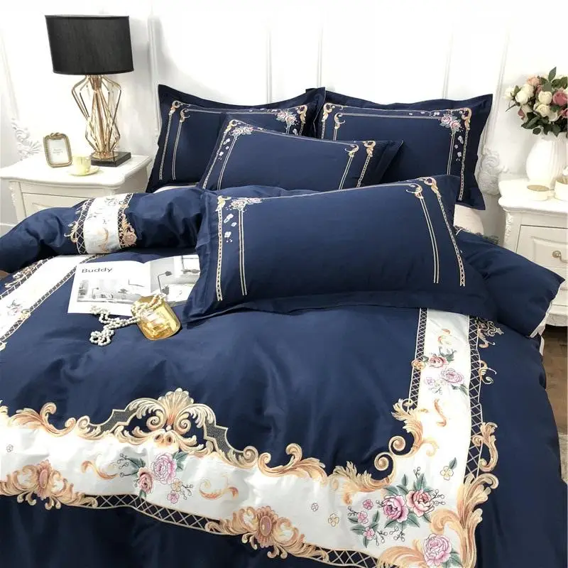 34 синий розовый Роскошные 60S Египетский хлопок Королевский вышивка Постельное