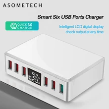 QC 3.0 USB Phone Charger 6 Ports Fast Charging Smart LCD Digital Display Multi USB Charger Hub Station Travel Quick Charger