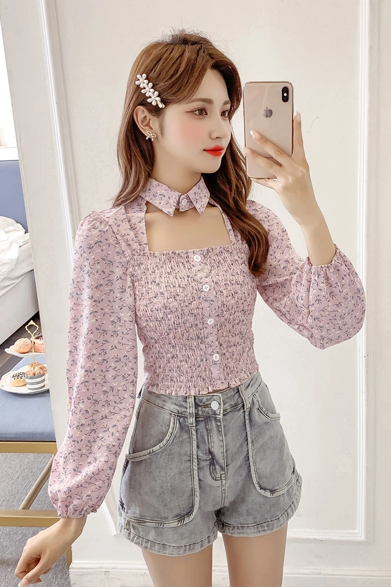 

Houthion Long Sleeve Women's Blouse Floral Polo Collar Shirt Fashion Tops Korean Casual Comfortable Chiffon