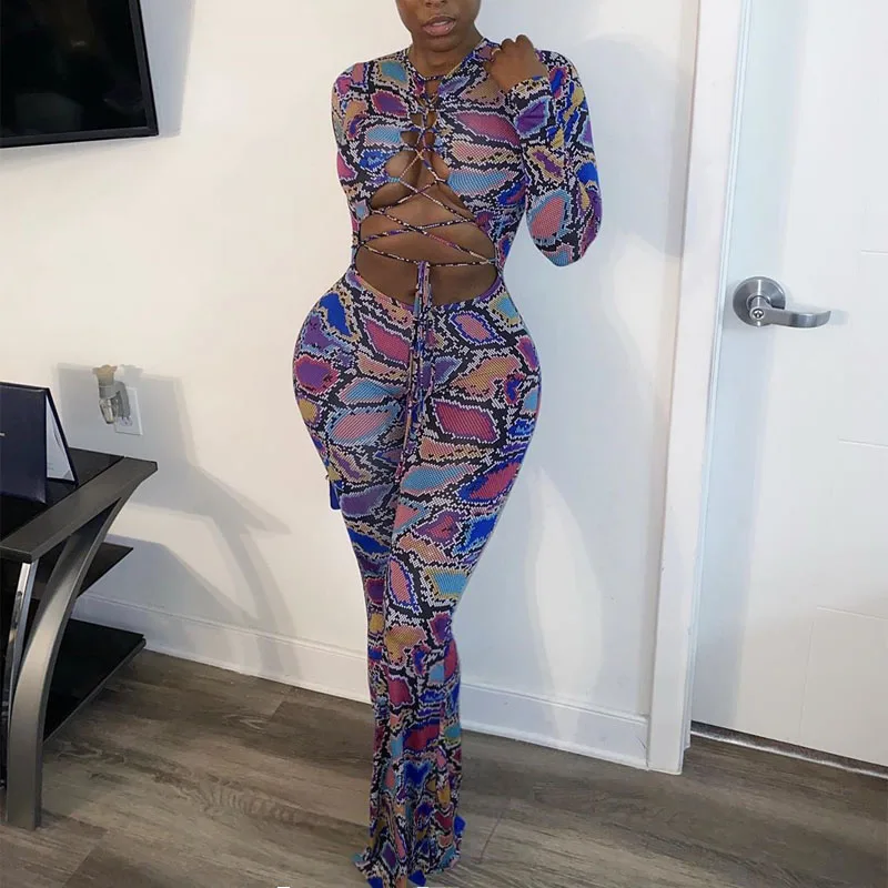 Hirigin 2020 длинный рукав винтажный принт с вырезом Бандаж сексуальный комбинезон