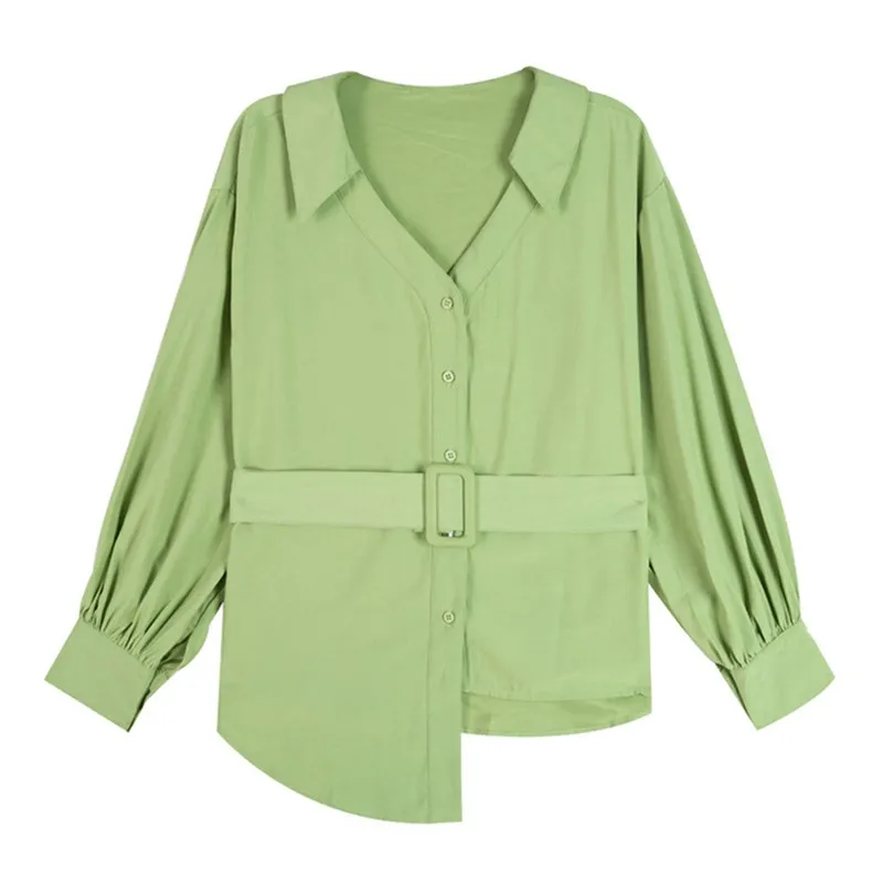 

Sweet Women Belt Irregular Pleated Shirt Autumn Casual Plain Lantern Sleeve Tops Fashion Korean Long Sleeve Blouse