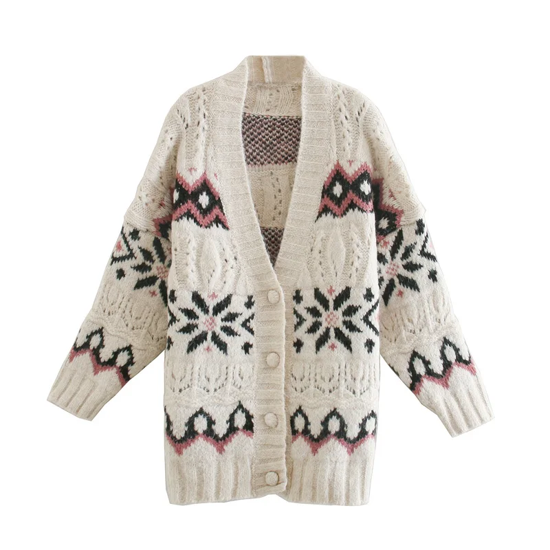 

Women's cardigan sweater 2021 spring fashion jacquard loose single-breasted retro long-sleeved fashion women's knitted jacket