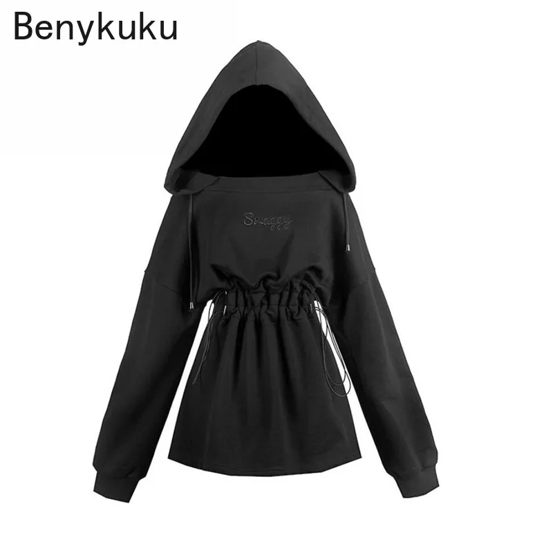 Женское платье с капюшоном черное в стиле Харадзюку длинными рукавами и вышивкой