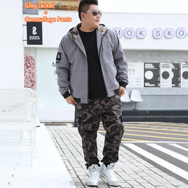 grey set Мужская одежда, спортивный костюм, шаровары, Карго, камуфляжная куртка, штаны, комплект из 2 предметов, мужские толстовки с капюшоном, пальто XXXXL, спортивный костюм 6XL 7XL 8XL 9XL - Цвет: grey set