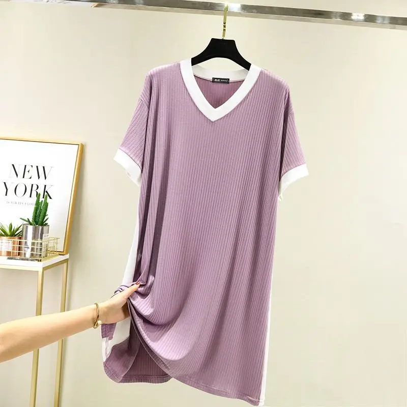 Spring Summer New Modal Nightdress Women's Short Sleeve Nightgown Large Medium Length Over The Knee Single Dress Nightwear
