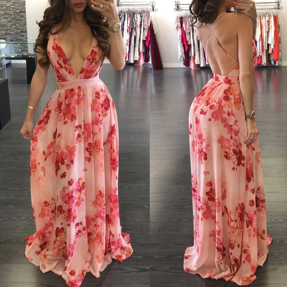 

Ladies Dress Sexy Slim Deep V-Neck Chiffon Backless Seaside Vacation Style Bohemia New Unique Design Vestidos