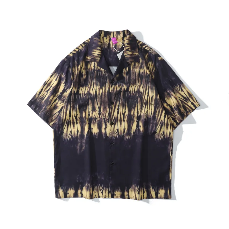 

2021New Harajuku Color Splash Ink Flower Print Shirt Men Vintage Korean Style Oversized Short Sleeve Shirt Men High Street Top