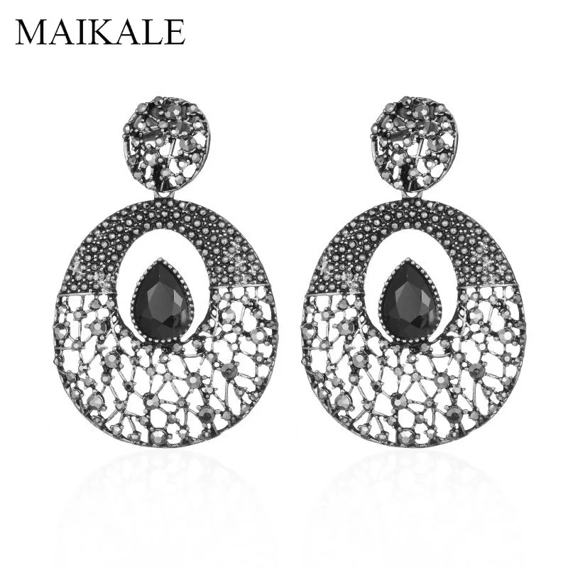 

MAIKALE Vintage Round Big Earrings Exaggerated Alloy Stud Earrings for Women Black Rhinestone Metal Hanging Earing Party Jewelry