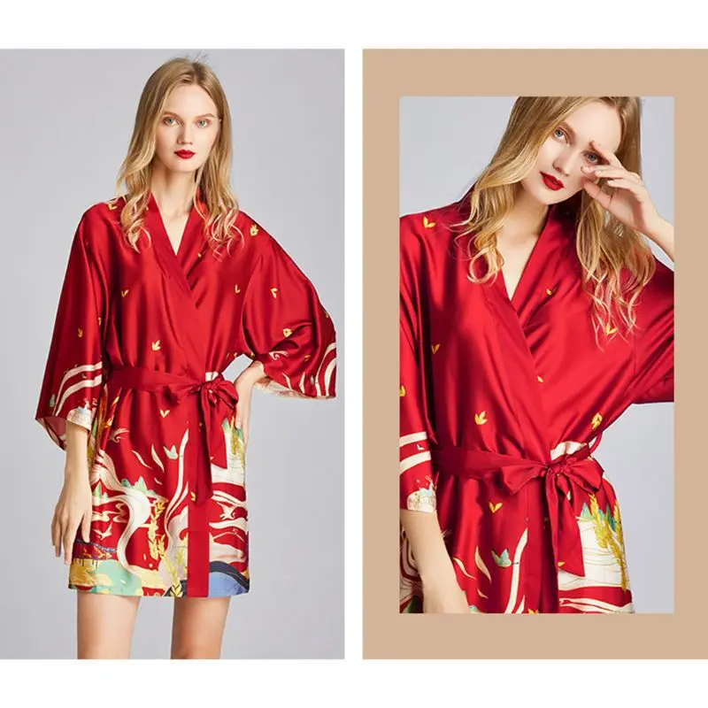 

New Women Imitation Silk Kimono Robe Dunhuang Mural Nightgown Exotic Belted Bathrobe Lady Nightwear